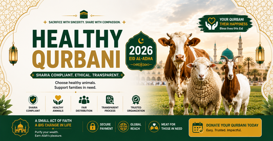 Wide Healthy Qurbani 2026 banner featuring cow, sheep, and goat with green and gold Islamic design promoting Sharia-compliant and ethical Eid al-Adha Qurbani donations.