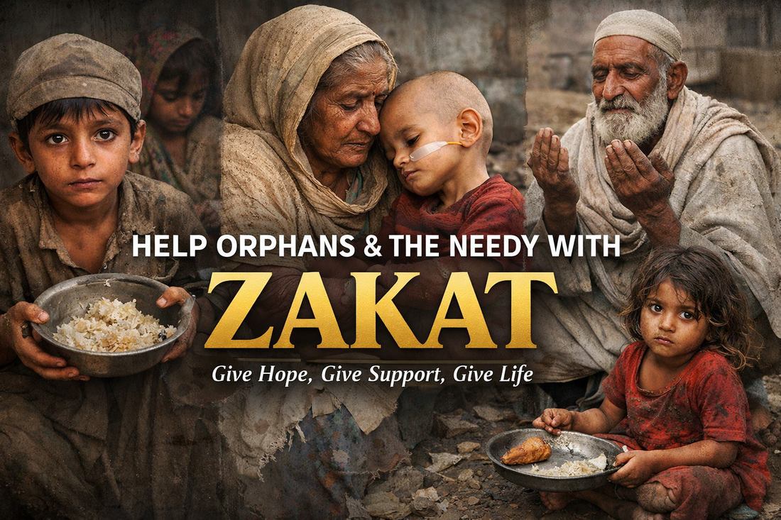 Help orphans and needy people with Zakat – poor children and elderly receiving food and support
