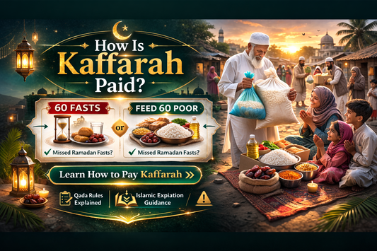 Kaffarah guidance banner explaining 60 consecutive fasts or feeding 60 poor people for missed Ramadan fasts with Islamic charity scene