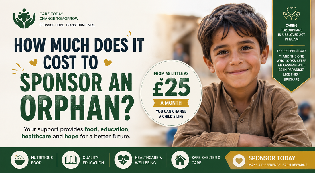 Child orphan sponsorship charity banner with donation message, Islamic orphan care quote, and monthly sponsorship starting from £25.