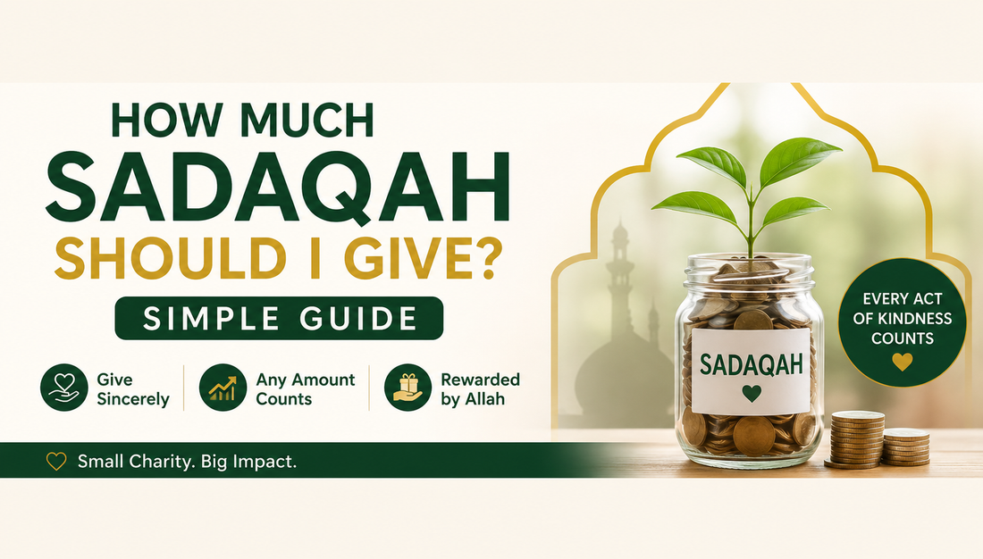 Horizontal Islamic charity banner with green and gold design, featuring a Sadaqah donation jar filled with coins and centred text reading “How Much Sadaqah Should I Give? Simple Guide” with messages about sincere charity and rewards in Islam.