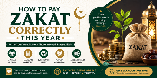 Horizontal Islamic charity banner showing Zakat donation concept with gold coins, lantern, and text about paying Zakat correctly this year.