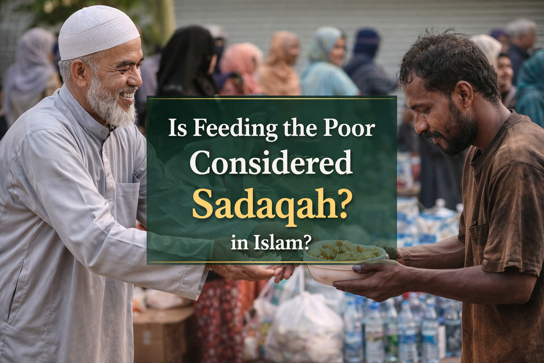 Man giving food to a poor person banner with text Is Feeding the Poor Considered Sadaqah in Islam in centre