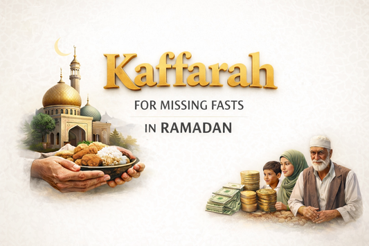 Kaffarah for missing multiple fasts in Ramadan premium white banner with mosque illustration and food charity concept