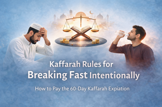 Islamic banner showing two real men illustrating breaking fast intentionally with title “Kaffarah Rules for Breaking Fast Intentionally” and Ramadan mosque background