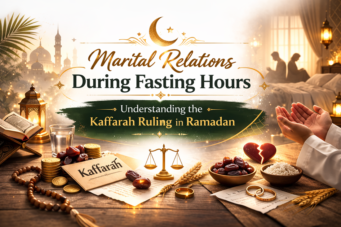 Premium Ramadan banner titled “Marital Relations During Fasting Hours – Understanding the Kaffarah Ruling in Ramadan” featuring mosque silhouettes, Quran, prayer beads, dates, scales of justice, and symbolic imagery on warm cream and gold background