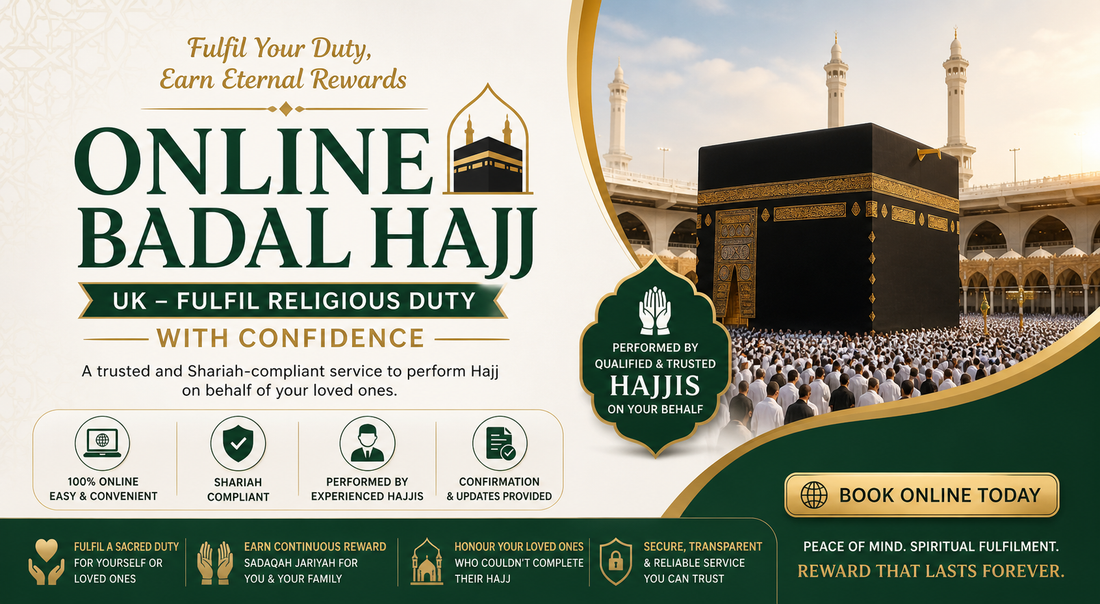 Online Badal Hajj UK banner with Kaaba image, green and gold Islamic design, promoting Shariah-compliant Hajj performed by trusted Hajjis with online booking.