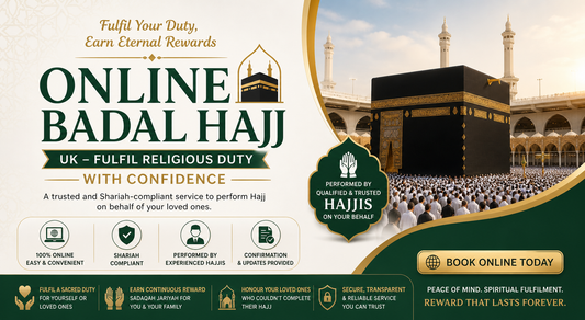 Online Badal Hajj UK banner with Kaaba image, green and gold Islamic design, promoting Shariah-compliant Hajj performed by trusted Hajjis with online booking.
