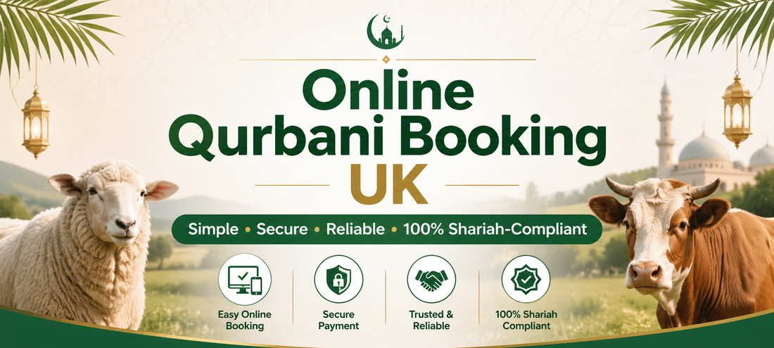 Online Qurbani Booking UK banner showing sheep and cow with simple secure reliable 100% Shariah compliant service