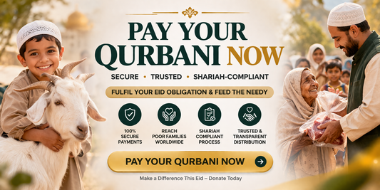 Pay Your Qurbani Now banner showing a child with a goat and meat distribution to a needy elderly woman, highlighting secure, trusted, and Shariah-compliant Qurbani donation.