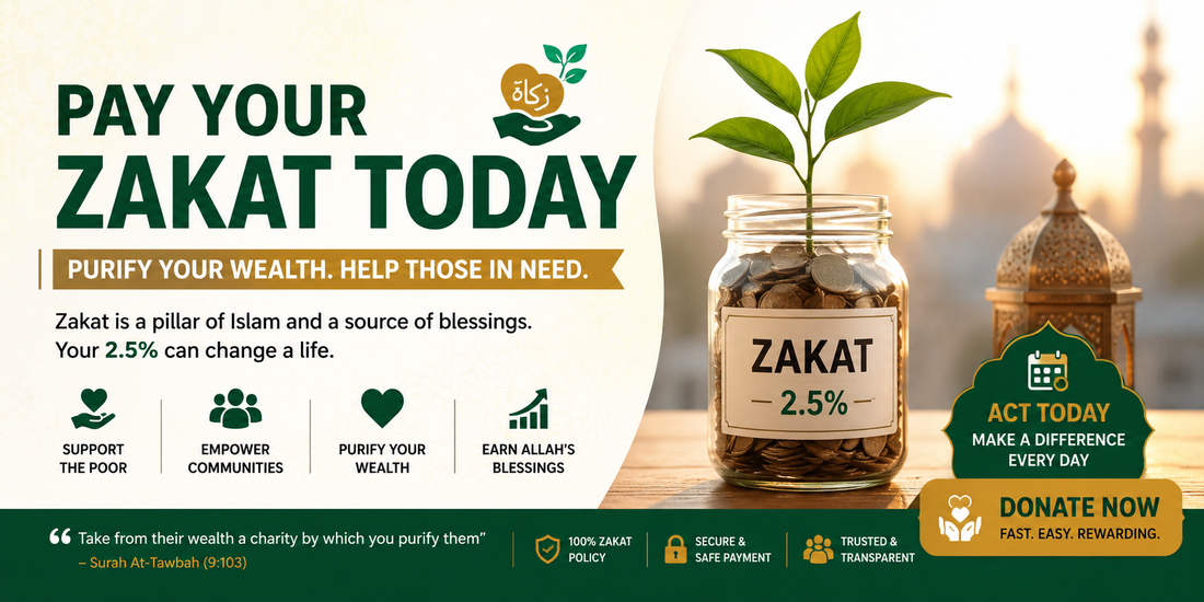 Horizontal Islamic charity banner with text “Pay Your Zakat Today” featuring a Zakat donation jar, Islamic lantern, green and gold design, and secure donation message.