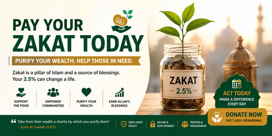 Horizontal Islamic charity banner with text “Pay Your Zakat Today” featuring a Zakat donation jar, Islamic lantern, green and gold design, and secure donation message.