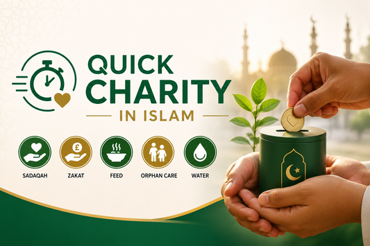 Quick charity in Islam banner showing sadaqah, zakat, feeding, orphan care and water donation icons with hands giving charity
