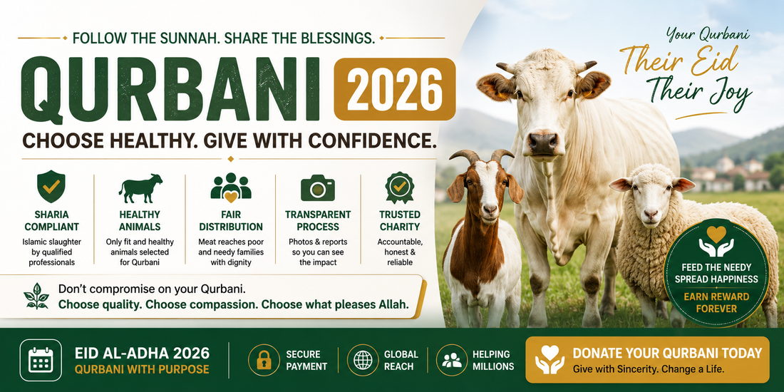 Horizontal Qurbani 2026 charity banner featuring healthy cow, goat, and sheep with text promoting Sharia-compliant Qurbani, trusted charity, fair meat distribution, and ethical Eid al-Adha sacrifice.