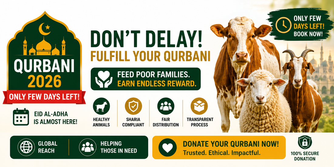 Small horizontal Qurbani 2026 banner featuring cow, sheep, and goat with green and gold Islamic design promoting urgent Eid al-Adha Qurbani donations and feeding poor families.