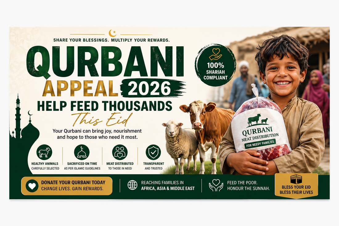 Qurbani Appeal 2026 banner helping feed thousands this Eid with smiling child holding meat package, animals, and Islamic charity message