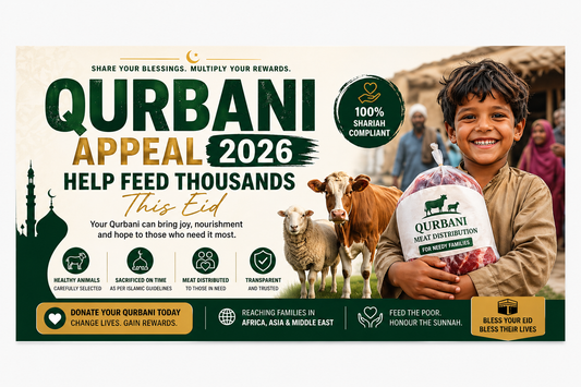 Qurbani Appeal 2026 banner helping feed thousands this Eid with smiling child holding meat package, animals, and Islamic charity message
