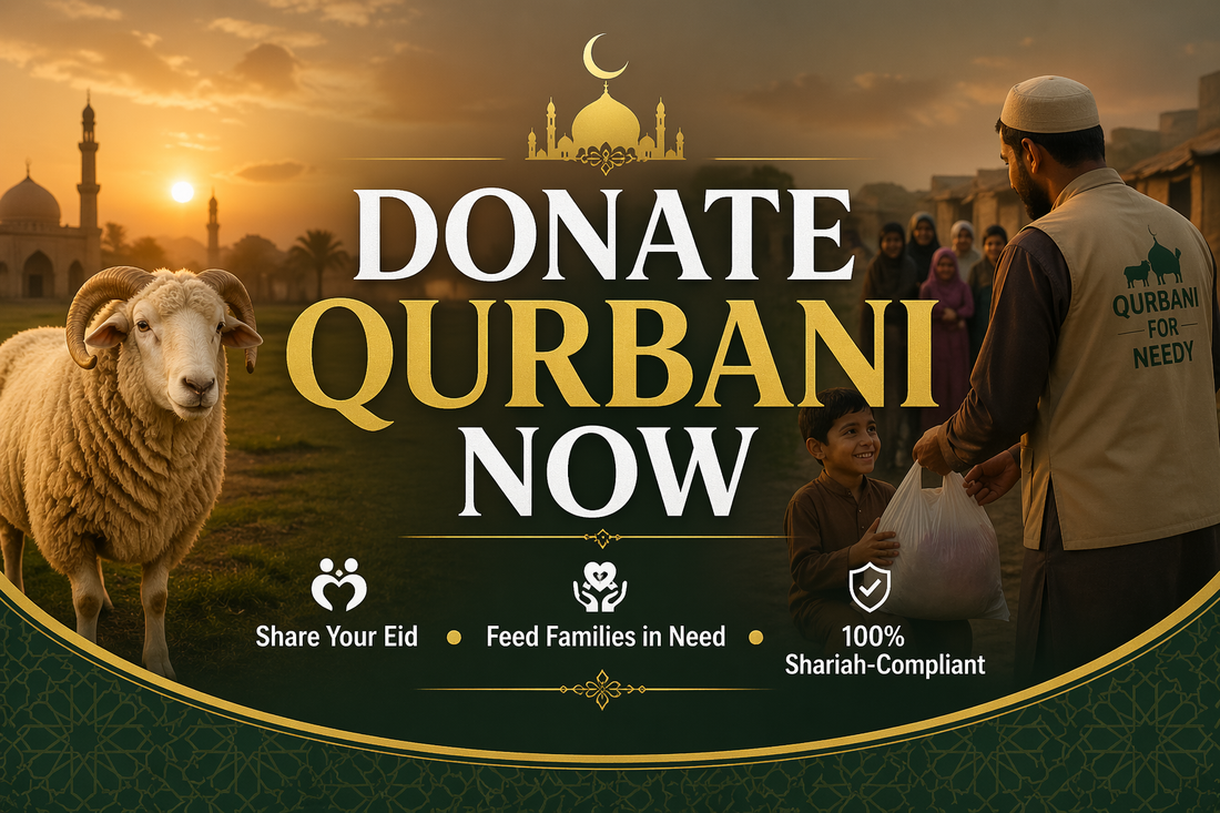 Donate Qurbani now banner with sheep, Eid sunset mosque background and charity distribution to needy families
