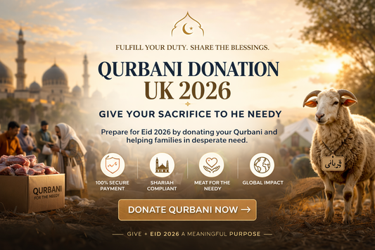 Qurbani Donation UK 2026 banner showing a sheep and volunteers distributing meat to needy families, with centered text promoting secure and Shariah-compliant Qurbani giving.