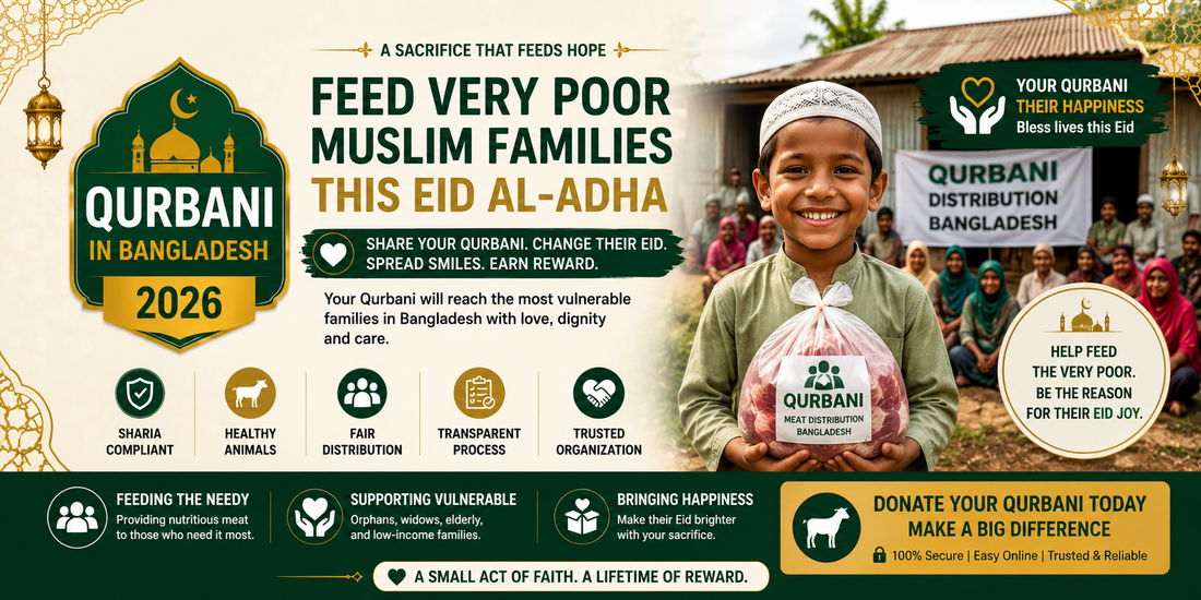 Small horizontal Qurbani Bangladesh 2026 banner featuring a smiling child holding Qurbani meat with green and gold Islamic design promoting feeding very poor Muslim families during Eid al-Adha.