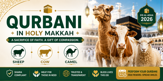 Horizontal Qurbani in Holy Makkah banner featuring camel, cow, and sheep beside the Kaaba with green and gold Islamic design promoting Sharia-compliant Eid al-Adha Qurbani.