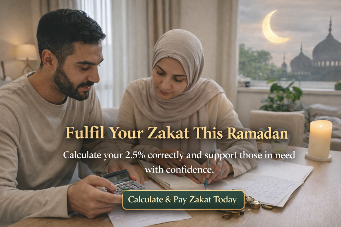 Ramadan Zakat banner with crescent moon and mosque silhouette encouraging Muslims to calculate and pay 2.5 percent Zakat this Ramadan