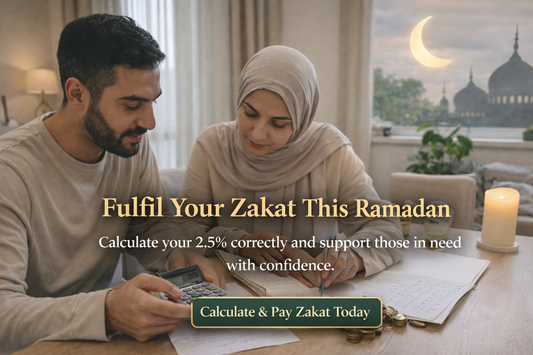Ramadan Zakat banner with crescent moon and mosque silhouette encouraging Muslims to calculate and pay 2.5 percent Zakat this Ramadan