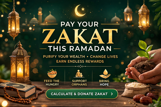 Ramadan Zakat donation banner encouraging Muslims to pay Zakat and help feed families support orphans and help the needy