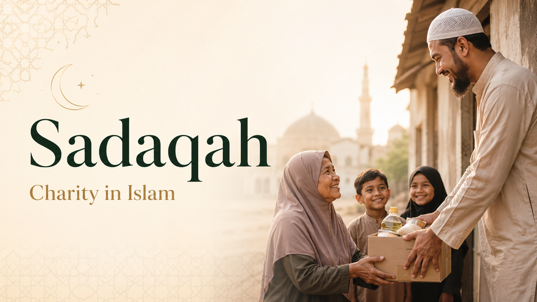 Muslim man giving a food parcel to a family as an act of Sadaqah charity in Islam.