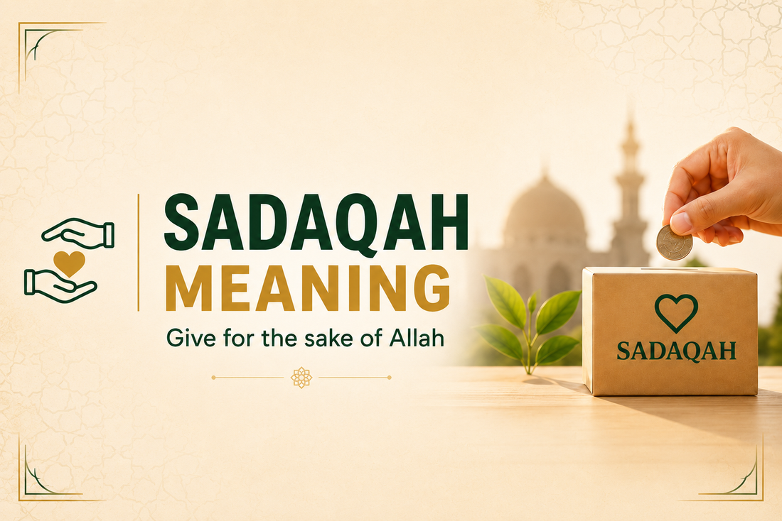 Sadaqah meaning in Islam with charity donation box and hand giving coin