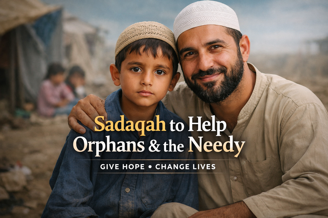 Sadaqah charity banner showing a compassionate man with a young orphan child, highlighting support for orphans and the needy with message “Give Hope • Change Live