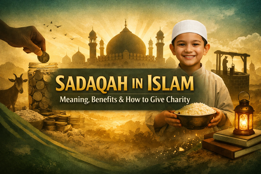 Sadaqah in Islam banner showing charity themes with mosque silhouette, child holding food, donation jar, and centered text about meaning, benefits, and giving charity