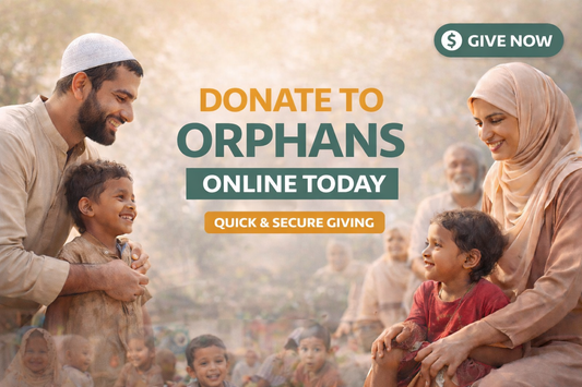 Muslim adults caring for orphan children with “Support Orphans Online Today – Quick & Secure Giving” message centered on banner