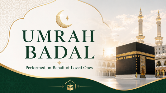 Umrah Badal banner showing the Kaaba in Makkah with elegant Islamic design, for performing Umrah on behalf of loved ones.