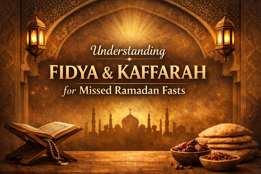 Understanding Fidya and Kaffarah for missed Ramadan fasts banner with Islamic design, Quran, dates and centred text