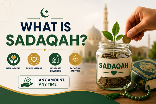 What is Sadaqah banner showing Islamic charity, donation jar, coins, Qur’an and plant growth, representing sincere giving for the sake of Allah.