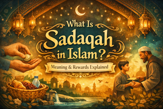 What Is Sadaqah in Islam banner with golden Islamic design, charity scenes, and central text explaining meaning and rewards