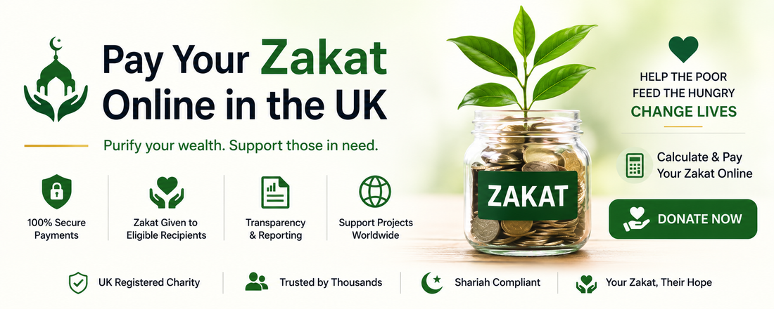 Pay Your Zakat Online in the UK charity banner with secure donation message and Zakat jar image