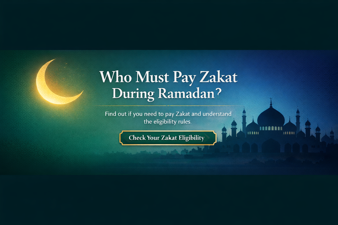 Zakat eligibility banner asking who must pay Zakat during Ramadan with crescent moon and mosque silhouette on green and blue gradient background