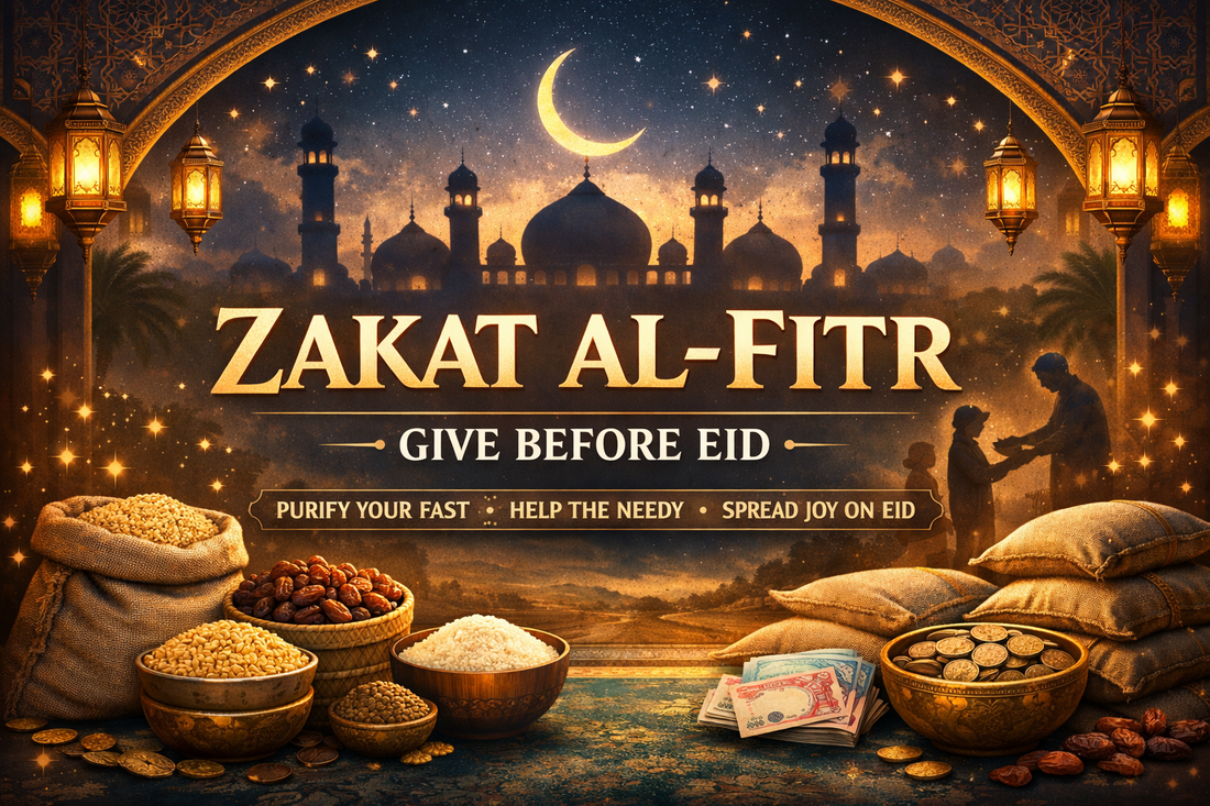 Zakat al-Fitr donation banner with mosque silhouette, Ramadan lanterns, crescent moon, and text “Zakat al-Fitr – Give Before Eid