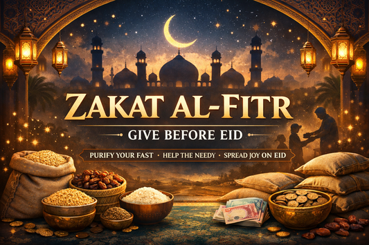 Zakat al-Fitr Ramadan charity banner with mosque silhouette, lanterns, crescent moon and text “Zakat al-Fitr – Give Before Eid”.