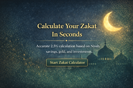 Zakat calculator banner with crescent moon and mosque silhouette encouraging Muslims to calculate 2.5 percent Zakat based on Nisab before Ramadan