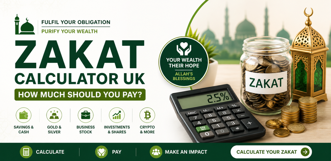 Zakat Calculator UK banner with Islamic finance theme, calculator showing 2.5%, gold coins, lantern and guidance for calculating Zakat accurately in the UK.