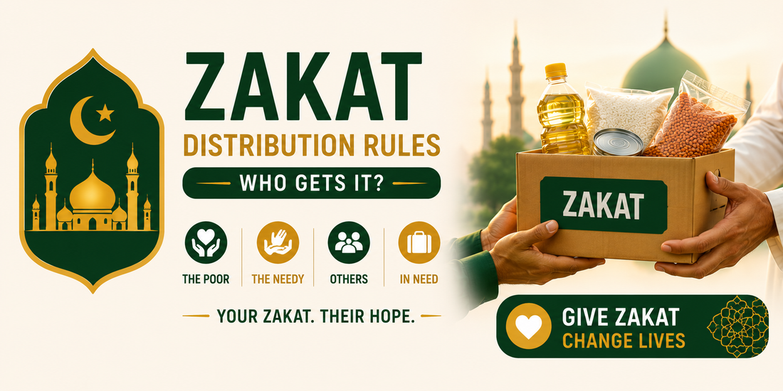 Small Zakat Distribution Rules banner with green and gold Islamic design showing food aid box and helping hands, promoting who can receive Zakat in Islam.
