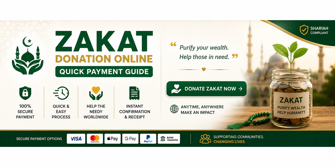 Horizontal Islamic charity banner promoting Zakat Donation Online with quick payment guide, secure donation icons, donate now button, mosque background, and charity donation jar for helping poor families worldwide.
