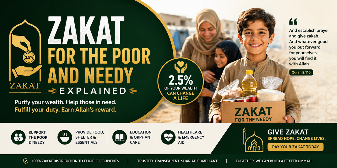 Horizontal Islamic charity banner showing a smiling child holding a Zakat food box with text “Zakat for the Poor and Needy Explained” and message about helping poor families through Zakat donations.
