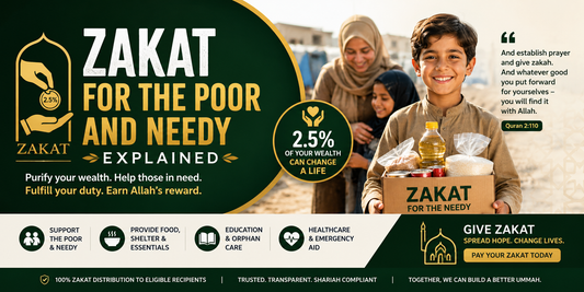 Horizontal Islamic charity banner showing a smiling child holding a Zakat food box with text “Zakat for the Poor and Needy Explained” and message about helping poor families through Zakat donations.
