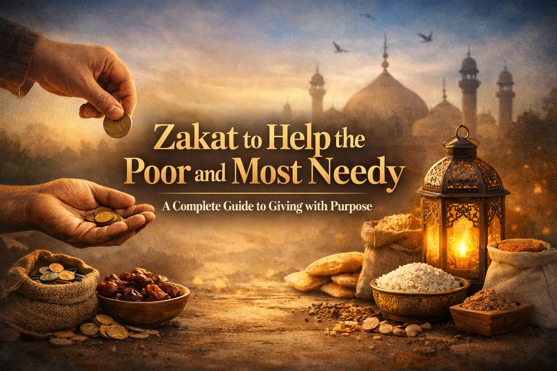 Zakat donation banner showing hands giving coins, food supplies, and a mosque background with the text “Zakat to Help the Poor and Most Needy – A Complete Guide to Giving with Purpose”