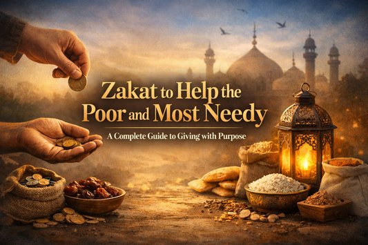 Zakat donation banner showing hands giving coins, food supplies, and a mosque background with the text “Zakat to Help the Poor and Most Needy – A Complete Guide to Giving with Purpose”