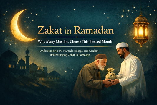 Zakat in Ramadan banner showing Muslims giving charity during the holy month